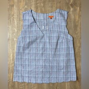 Modcloth Blue Chambray Red White Sleevless Scalloped Cotton Blouse Medium